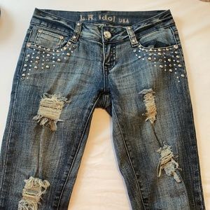 Dark Washed Rhinestone Ripped Jeans!